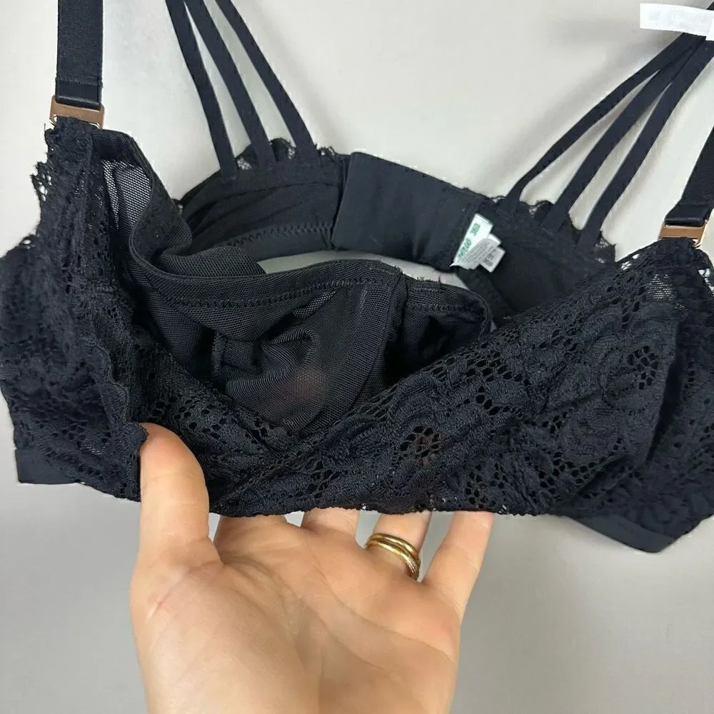 Aerie lace overlay balconette push up black bra 36D
